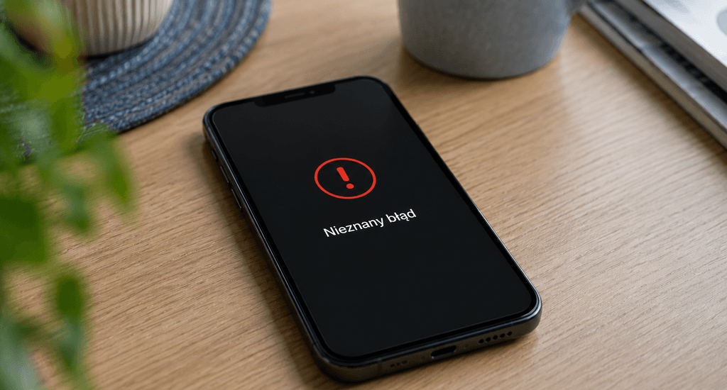 Telefon leży na biurku, na ekranie wyświetla komunikat o nieznanym błędzie.