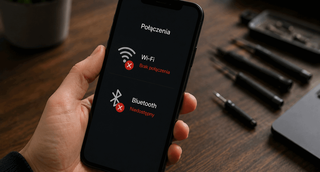 Uszkodzony telefon wyświetlający błąd łączności Wi-Fi i Bluetooth, sprawdzany na stanowisku naprawczym.