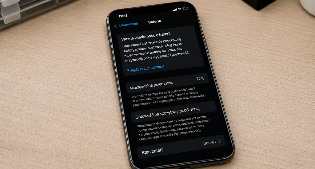 Smartfon leżący na drewnianym blacie z otwartymi ustawieniami kondycji baterii, gdzie widnieje "Ważna wiadomość o baterii" oraz status "Serwis".