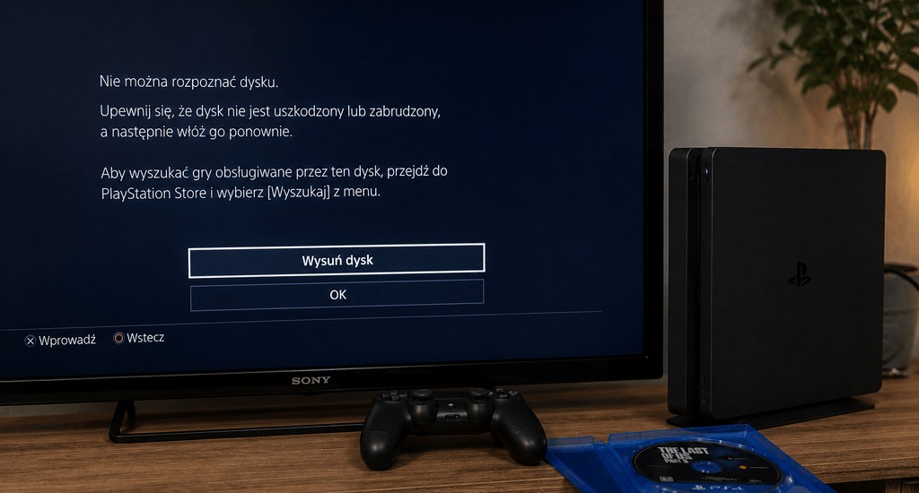 Konsola PS4 wyświetlająca na telewizorze błąd odczytu płyty, co wskazuje na konieczność naprawy lasera lub wymiany napędu optycznego w serwisie.